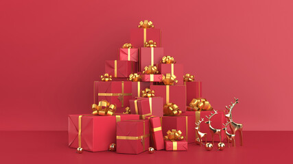 Christmas background with gifts in red boxes on a red wall background, 3d render