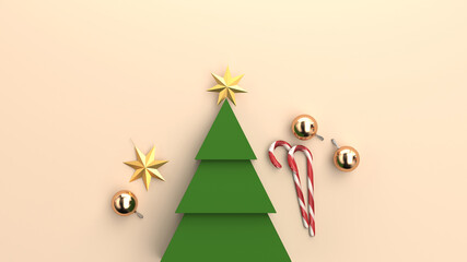 Christmas background with abstract fir tree and christmas toys on beige background, 3d render
