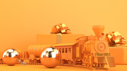 Christmas background with toy train and christmas tree decorations in yellow colors, 3d render