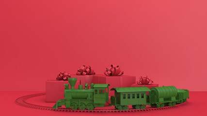 Christmas background with toy train and gifts in red colors, 3d render