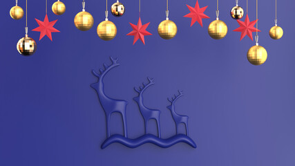 Christmas background with abstract deer and toys in blue tones, 3d render