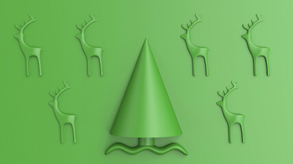 Christmas background with abstract deer and toys in green colors, 3d render