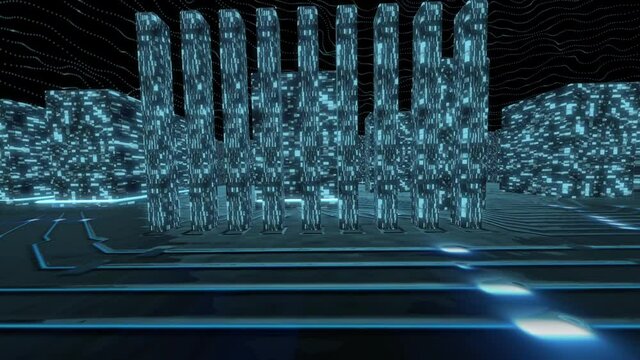 Sai-fi blue background, flying over the virtual city - electronic board with chips and glowing signals
