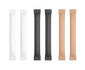 Realistic white, black and brown paper sachet bag set. Package mockup for coffee, sugar, salt, pepper and spices. Isolated vector design.