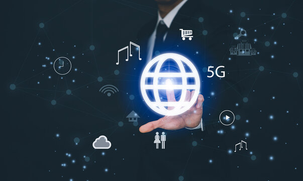 Businessman touch the earth connect with icon cloud computing network of a media screen, Technology Process System Business concept.