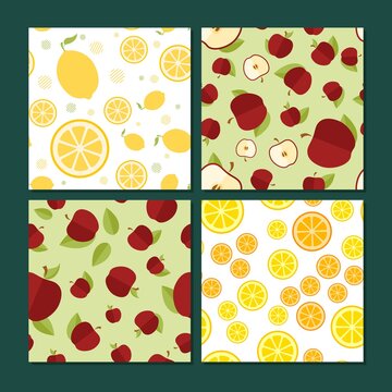 Set of abstract vector seamless patterns with whole fruit icons and slices. Collection of flat, minimalistic cutaway apples and lemons. Background images for packaging design  of juice, cards, banners