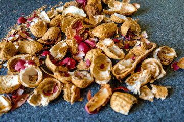 Peanut shell on the table, food background.