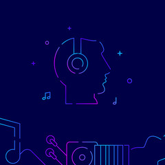 Head in headphones gradient line vector icon, simple illustration on a dark blue background, music related bottom border.