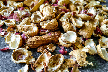 Peanut shell on the table, food background.