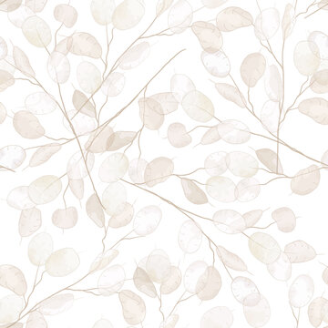 Seamless dry lunaria floral vector pattern. Watercolor winter wedding flower illustration background