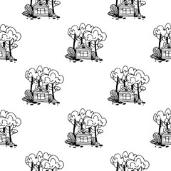 Obraz premium Seamless pattern of children s drawing. House, sun, clouds, trees. Line drawing. Drawn by a child. Suitable for childrens room decoration, fabric, decor. Doodle style.