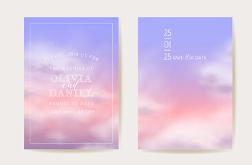 Pink cotton clouds wedding invitation. Vector design magic pastel background. Luxury pastel save the date