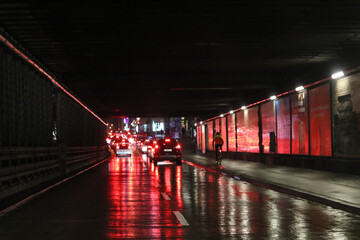 red bridge at night