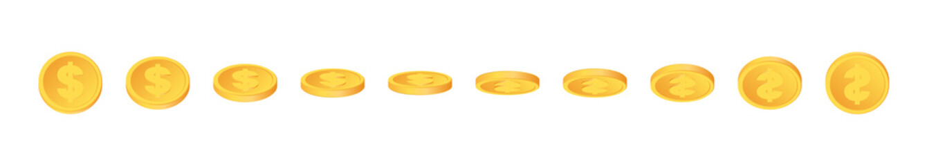 Set of rotating gold coins. 3d dollar coins. Golden money set.