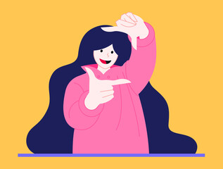 A cute illustration of a girl who makes measurements with her hands in the form of a rectangle in a vector illustration. Modern stylish girl in comfortable clothes.