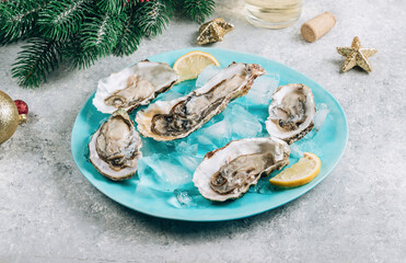 Fototapeta na wymiar Oysters with lemon, ice and white wine on concrete background with a festive decor.