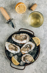 Fresh oysters with ice and lemon on a concrete background.