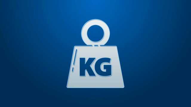 White line Weight icon isolated on blue background. Kilogram weight block for weight lifting and scale. Mass symbol. 4K Video motion graphic animation.
