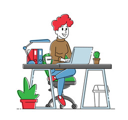 Smiling Business Woman or Freelancer Working on Laptop Sitting at Desks with Cup Work. Freelance or Office Occupation