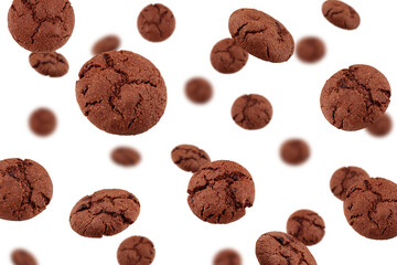 Falling Chocolate chip cookie, isolated on white background, selective focus