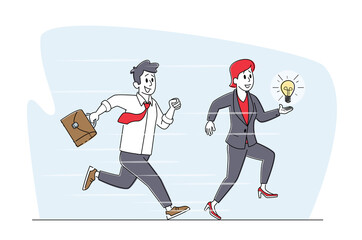 Business Man with Briefcase and Woman Holding Glowing Light Bulb Running. Businesspeople Characters Competition