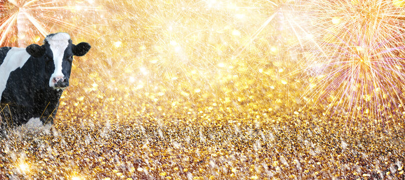 Cow fireworks new year greeting.Cow New Year greetings.Golden Glitter Background