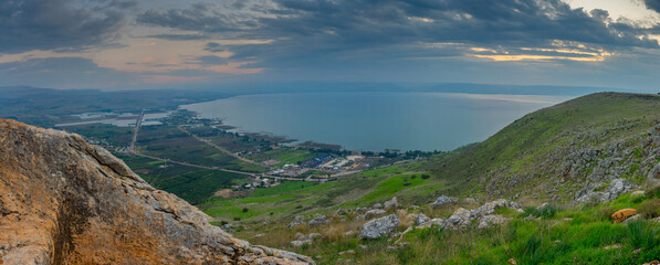 Panoramic sunrise view of the Sea of Galilee