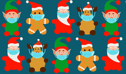 Fototapeta premium Santa Claus and gingerbread and reindeer with face mask pattern. Pandemic Christmas concept.