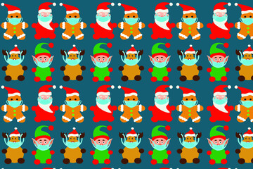 Santa Claus and gingerbread and reindeer with face mask pattern. Pandemic Christmas concept.