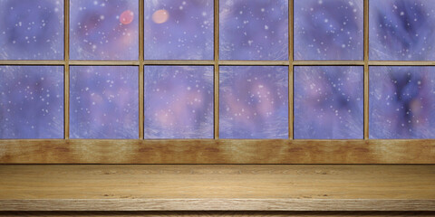 Empty table in front of a wooden panoramic window and winter twilight. Christmas background. Place for product placement - 396206164