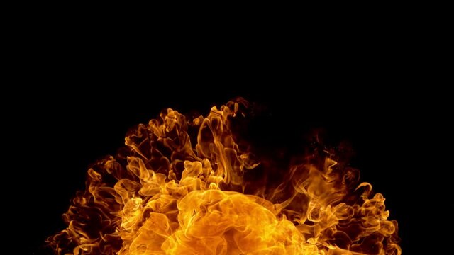 Super slow motion of close-up of fire blast isolated on black background. Filmed on high speed cinema camera, 1000 fps