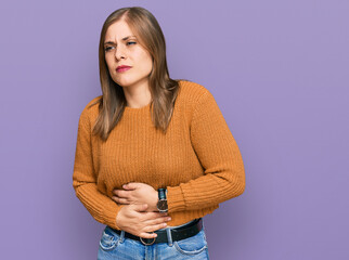 Beautiful caucasian woman wearing casual clothes with hand on stomach because indigestion, painful illness feeling unwell. ache concept.