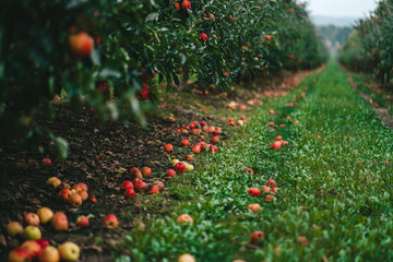Amazing green apple trees garden. Ripe red fruits, organic food, agricultural concept.