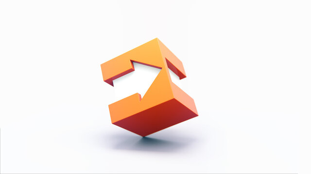 Orange 3d cube with white arrow symbol by the side. Abstract geometric form 3d render in perspective on white background.