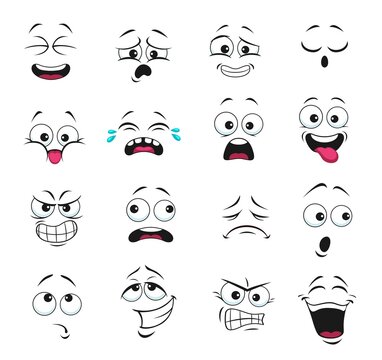 Face expression isolated vector icons, funny cartoon emoji boring, crying and thoughtful, gnash teeth, angry, laughing and sad. Facial feelings, emoticons upset, happy and show tongue cute faces set