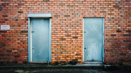 A brick wall and two doors in a hidden street