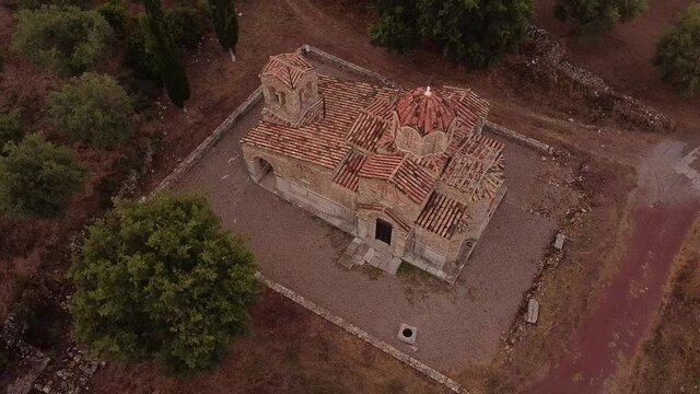 Aerial view of St. Samarina church in Messinia region at dusk