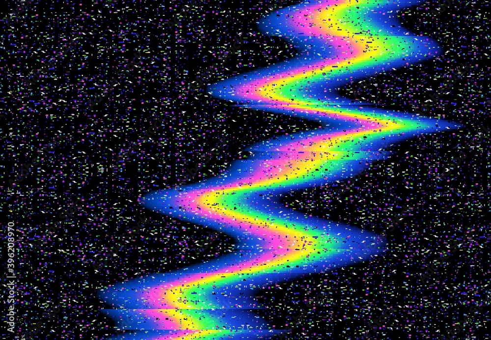 Aufkleber Glitch color wave, vector distorted glitched curvy rainbow colored vertical line and neon glowing random pixels on dark abstract background. Television distortion with glitch effect, no signal screen