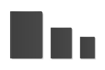 Vector 3d Realistic Black Closed Blank Paper Notebook, Diary, Book Set Isolated on White Background. A4, A5, A6, A7. Design Template, Copybook for Mockup, Advertise, Logo Print. Front. Top View