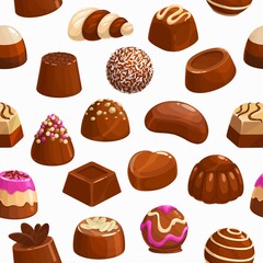 Chocolate candies vector seamless pattern. Sweet desserts, choco candies with praline, nuts or cocoa topping, dark bitter and milk bars, handmade chocolate candy patisserie assortment, cartoon pattern