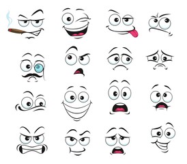 Face expression isolated vector icons, funny cartoon emoji smoking cigar, wink and sad, smiling, confused and wear monocle eyeglass with mustache. Cheerful, angry and show tongue face expressions set