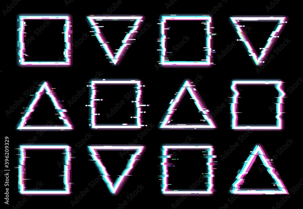 Aufkleber Glitch frames vector distorted neon glowing pixelized borders of triangle and square shapes isolated on black background. Television colored messy distortion with glitch effect, no signal tv screen