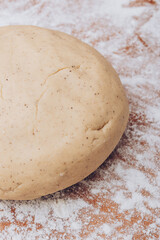 Gingerbread dough ball lies on flour covered table.