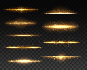 Gold glowing lines with light effects realistic vector design. 3d golden sparks, flares and sparkling glitters, shining lines with bright flashes and yellow particles on transparent background © Vector Tradition
