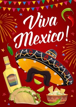 Viva Mexico vector banner with Mexican holiday food, Cinco de Mayo fiesta party sombrero hat, chilli peppers and tequila, tacos, nachos and avocado guacamole. Greeting card or invitation poster design