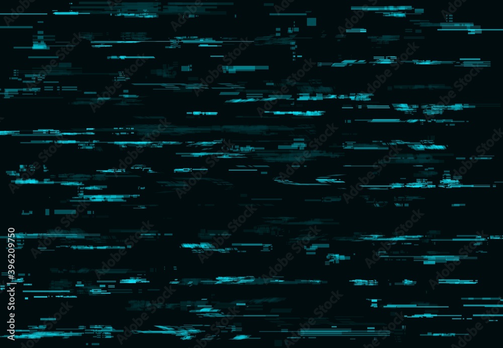 Poster Blue glitch vector background with digital pixel noise texture. TV or computer screen pattern with video noise, code error or television signal fail, data decay, monitor crash and no signal effects