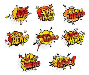 Super hero comics half tone bubbles isolated vector icons. Cartoon pop art retro sound cloud blast explosions with stars and dotted pattern. Boom bang colorful superhero symbols with typography set © Vector Tradition