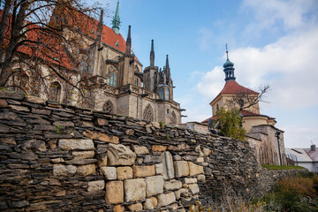 Medieval stone St. Bartholomew´s Church in Kolin, Gothic Cathedral and baroque building of Ossuary...