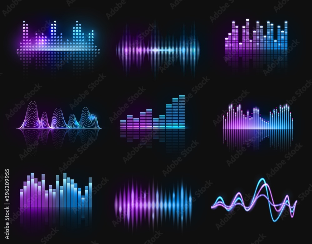 Poster Music equalizers, vector audio or radio waves, sound frequency neon track lines. Digital player display waveform, hud technology for tune bar, soundwave recorder signal. Song studio pulse isolated set
