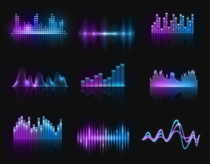 Music equalizers, vector audio or radio waves, sound frequency neon track lines. Digital player display waveform, hud technology for tune bar, soundwave recorder signal. Song studio pulse isolated set
